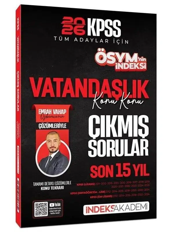 İndeks Akademi 2026 KPSS Vatandaşlık ÖSYM nin İndeksi Çıkmış Sorular Son 15 Yıl Konu Konu Çözümlü - Emrah Vahap Özkaraca 