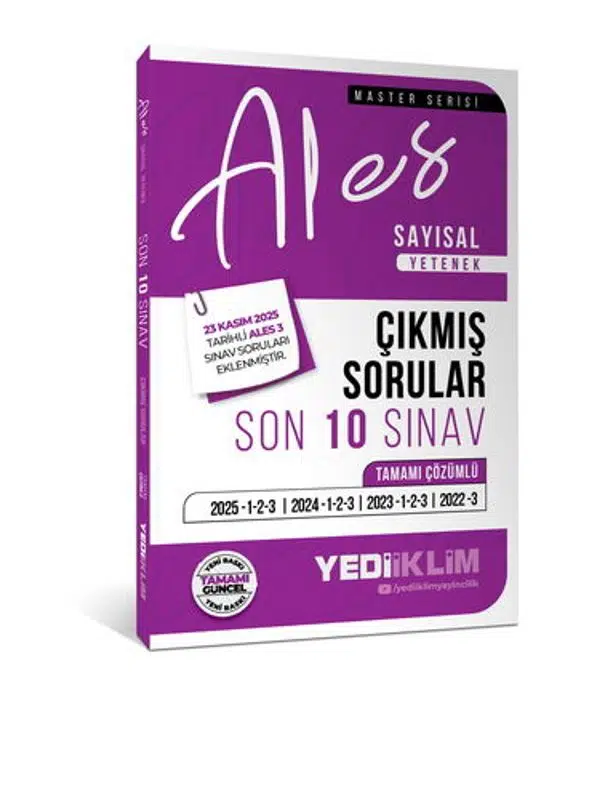 Yediiklim Yayınları 2026 ALES Sayısal Yetenek Tamamı Çözümlü Son 10 Sınav Çıkmış Sorular (23 Kasım 2025 Ales-3 Ekli)